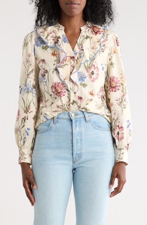 Floral Ruffle Long Sleeve Button-Up Shirt