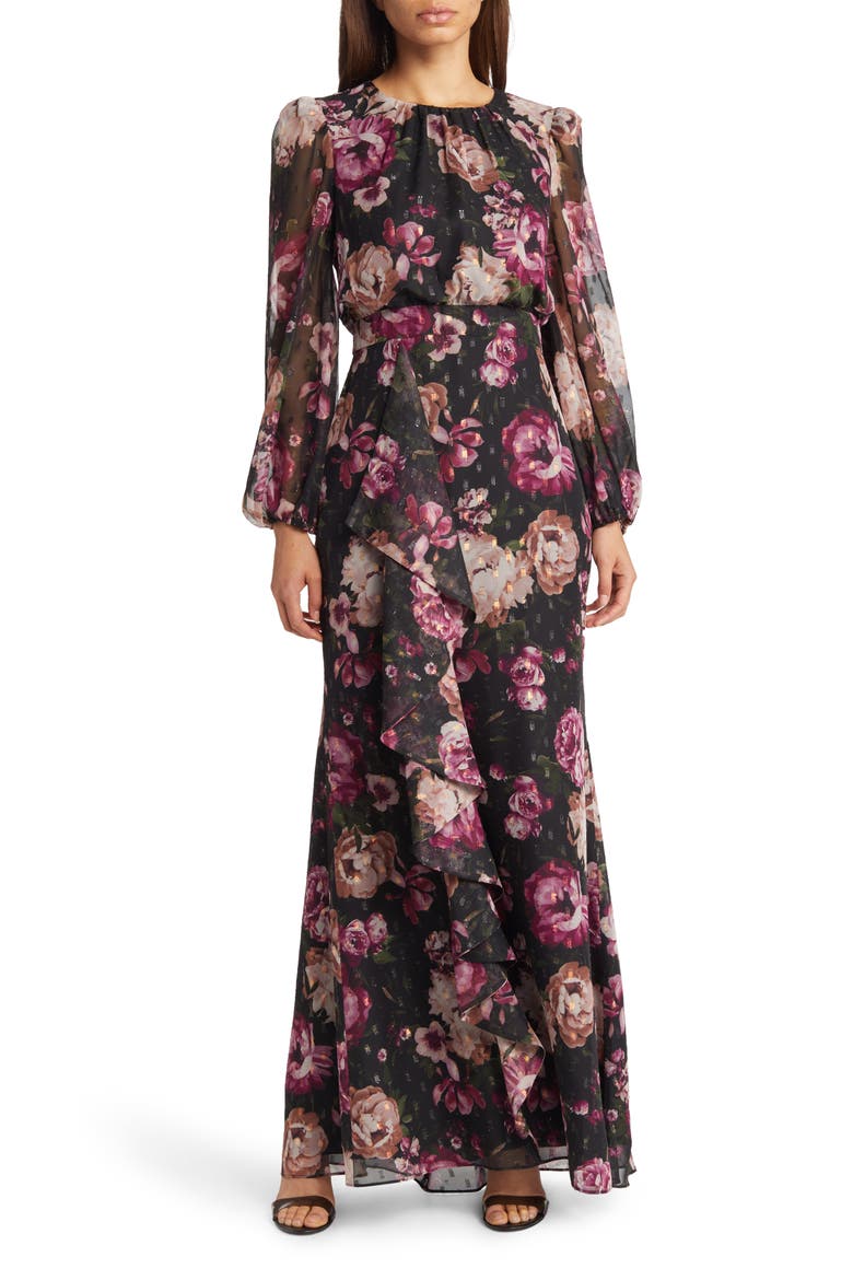 Floral Metallic Long Sleeve Maxi Dress, Main, color, BLACK
