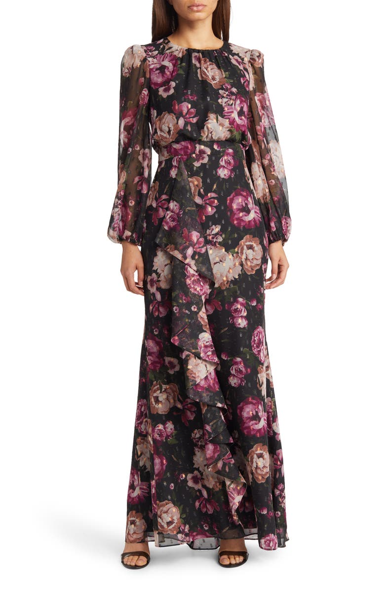 Eliza J Floral Metallic Long Sleeve Maxi Dress, Main, color, 