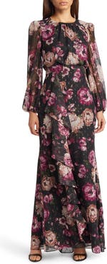 Eliza J Floral Metallic Long Sleeve Maxi Dress