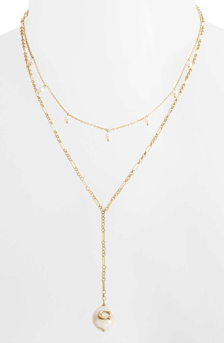 COACH Pearl Double Strand Y-Necklace, Alternate, color, 