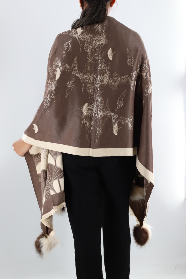 Shell Print Wrap with Faux Poms, Alternate, color, Brown/Ivory