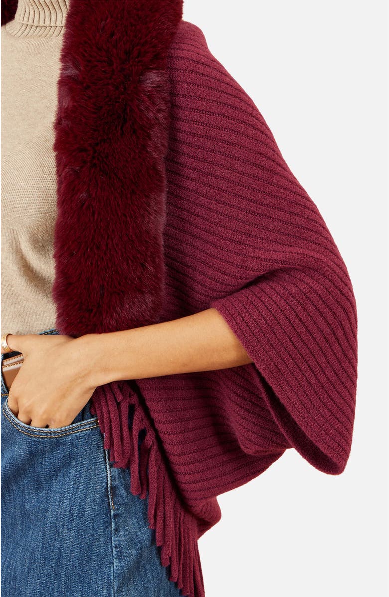 Yumi Faux Fur Collar Tassel Hem Shrug, Alternate, color, Burgundy
