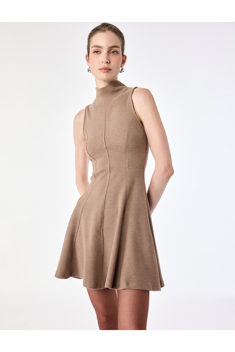 High Neck Flared Mini Dress, Alternate, color, CAMEL