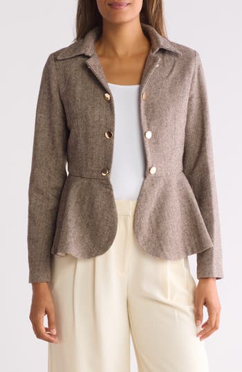 Patrizia Luca Herringbone Peplum Jacket In Brown