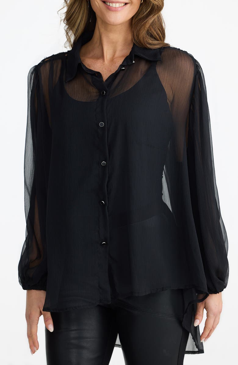 Brave+True Eden Lattice Back Chiffon Shirt, Main, color, Black