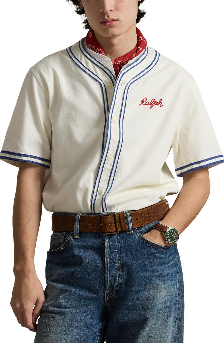 Polo Ralph Lauren Classic Fit Baseball Shirt, Main, color, Warm White W/ Blue Heaven