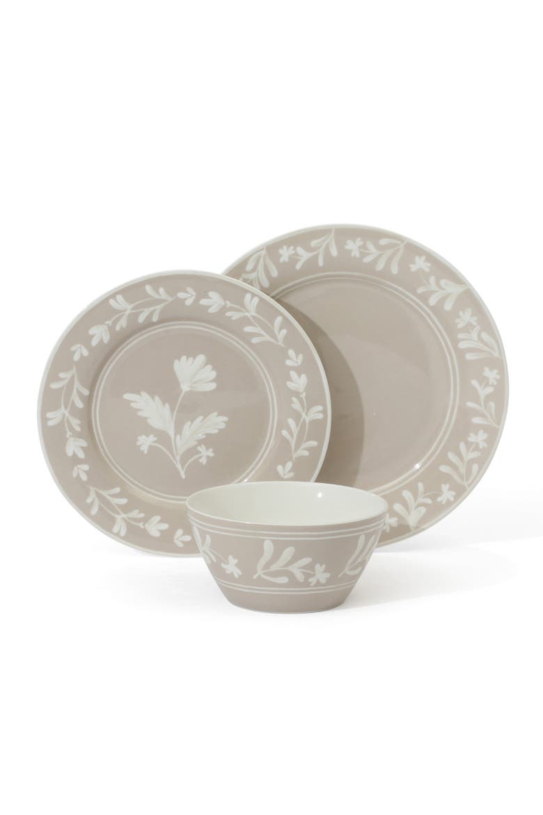 Maiden Crown 12-Piece Vegan Bone China Dinnerware Set, Floral Plates & Bowls, Service for 4, Alternate, color, Taupe