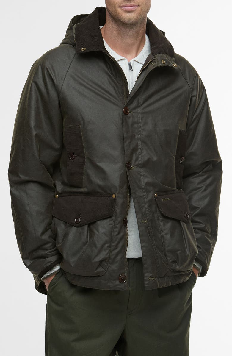 Barbour Modern Waxed Cotton Jacket with Removable Hood, Main, color, Archive Olive