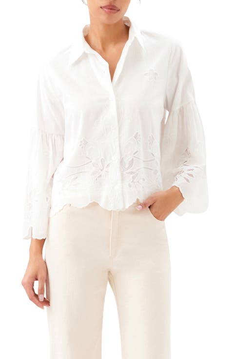 Embroidered Bell Sleeve Cotton Button-Up Shirt