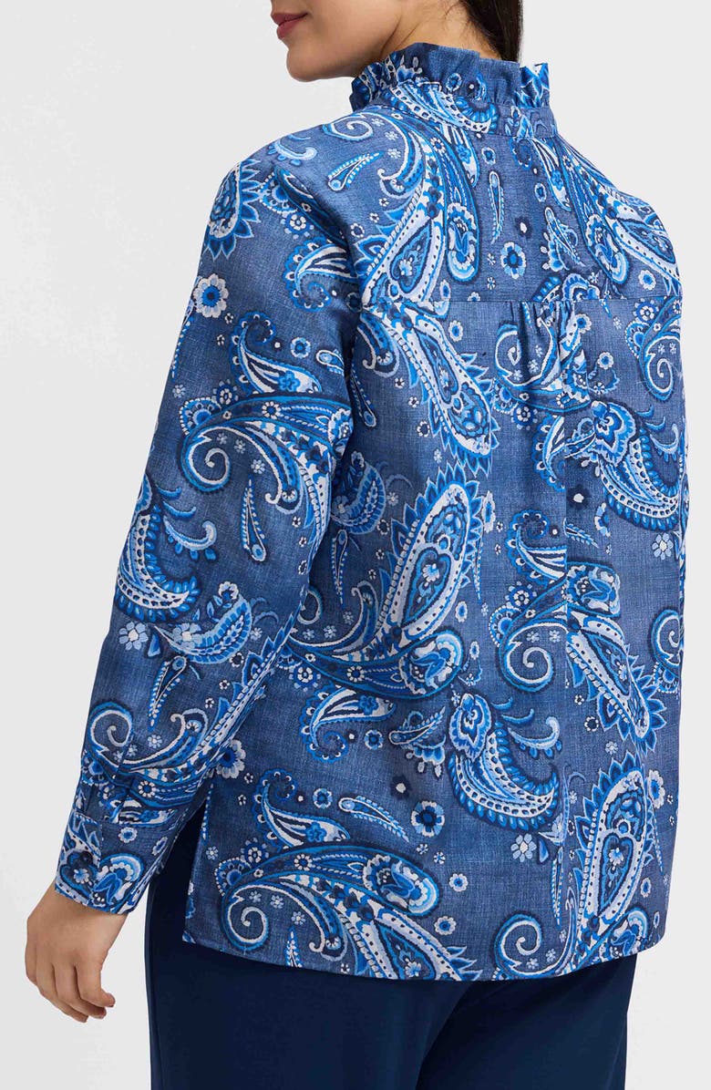 Foxcroft Sadie Paisley Ruffle Cotton Poplin Button-Up Shirt, Alternate, color, Blue Multi