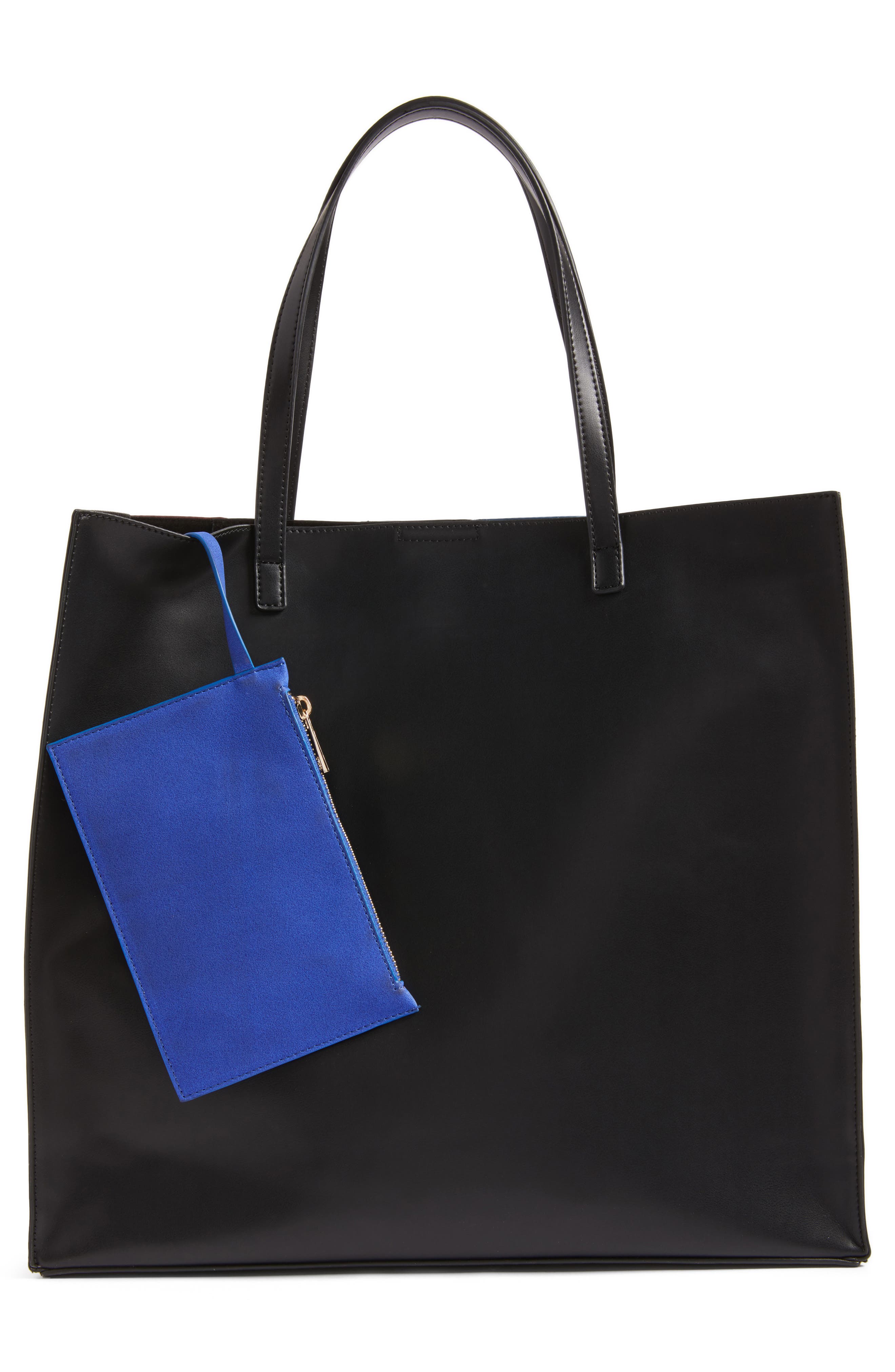 Stripe Faux Leather Tote, Alternate, color, BLACK