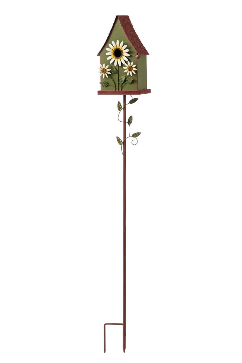 52"H Metal Daisy Decorative Garden Birdhouse with Stake, Alternate, color, Green