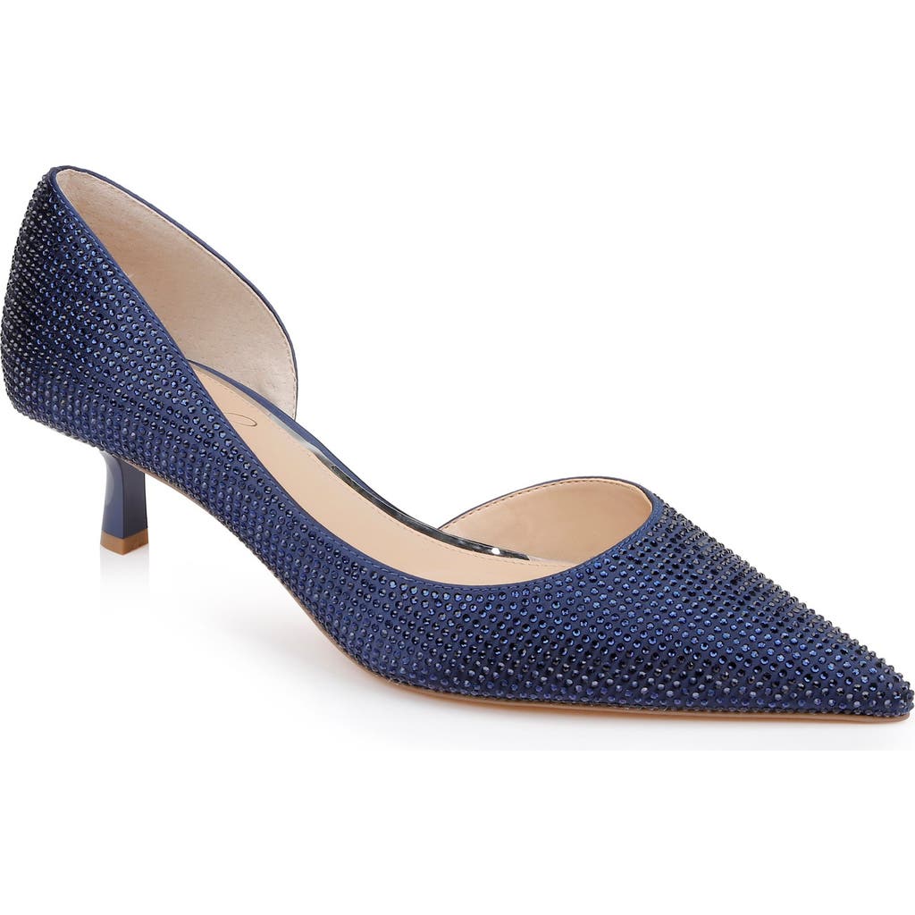Jewel Badgley Mischka Teegan Half d'Orsay Pointed Toe Kitten Heel Pump in Navy Satin
