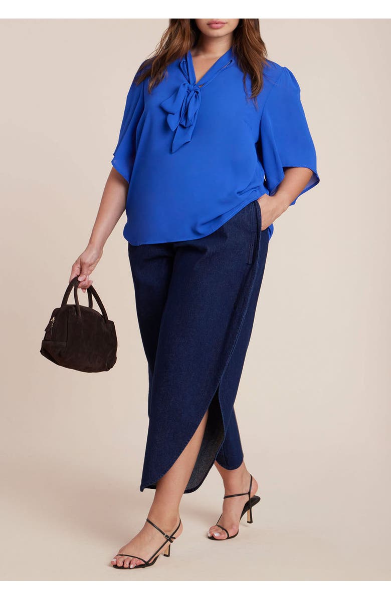 ELOQUII Bow Blouse With Flutter Sleeve, Alternate, color, Cobalt