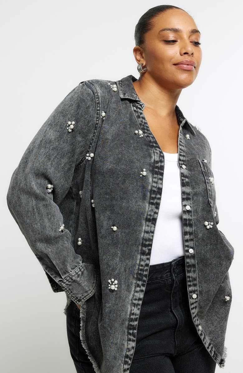 River Island Faux Pearl Embellished Denim Button-Up Shirt, Alternate, color,