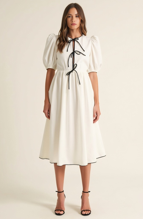 Puff Sleeve Midi Dress with Tiered Front Ties and Contrast Trim