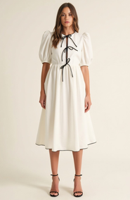 Modenaire Puff Sleeve Midi Dress with Tiered Front Ties and Contrast Trim