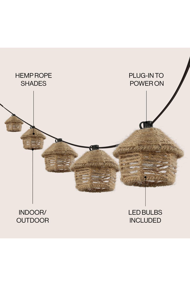 Maui 10-Light Indoor/Outdoor Mid-Century Vintage Incandescent G40 Tiki Hut Hemp Rope Shaded String Lights, Alternate, color, Brown