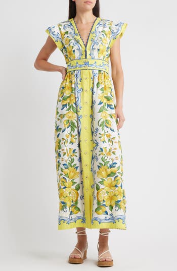 Farm Rio Off-white Sicily Scarf Organic Cotton Maxi Dress In Yellow