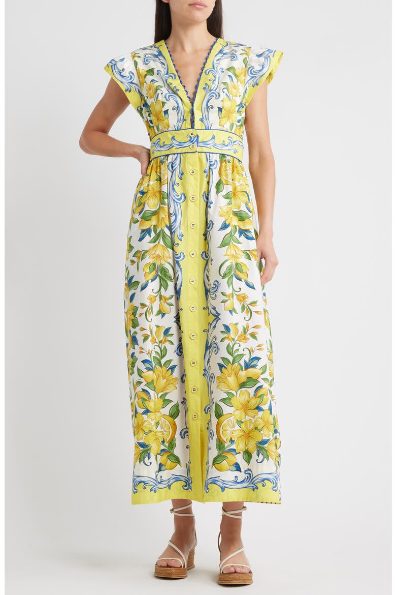 sicily flowers printed cotton midi dress Cotton Blue Sicily Midi Dress for Women