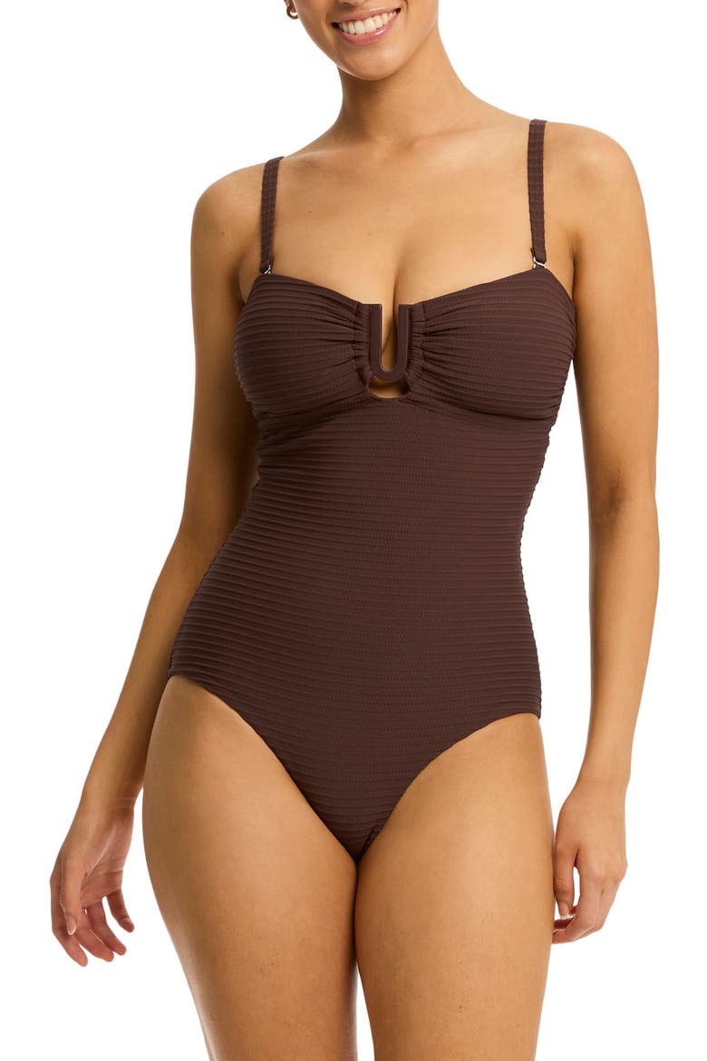 U-Bar Bandeau One-Piece Swimsuit, Main, color, COCOA