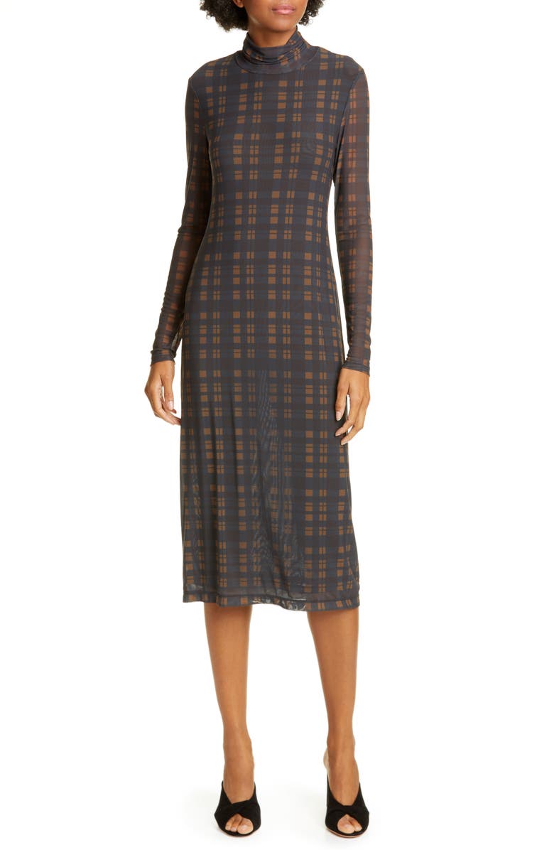 STAUD Priscilla Plaid Long Sleeve Midi Dress, Main, color, 