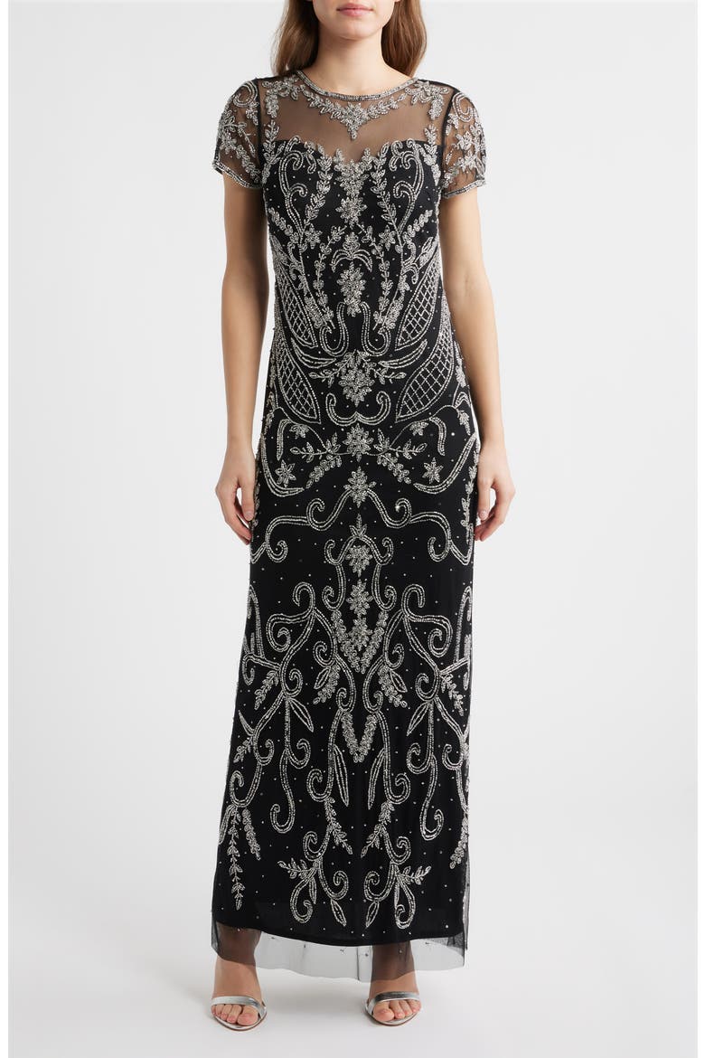 Beaded Mesh Gown, Main, color, BLACK/ SILVER