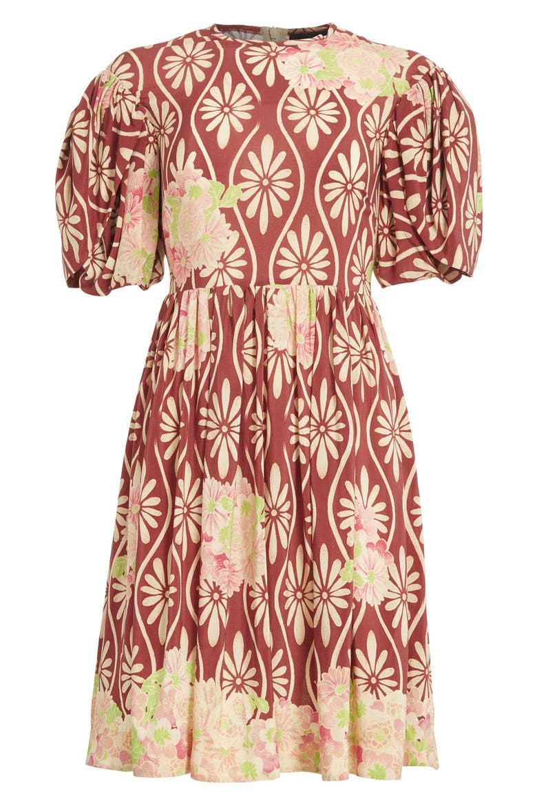 Floral Print Puff Sleeve Silk Dress, Alternate, color, WINE