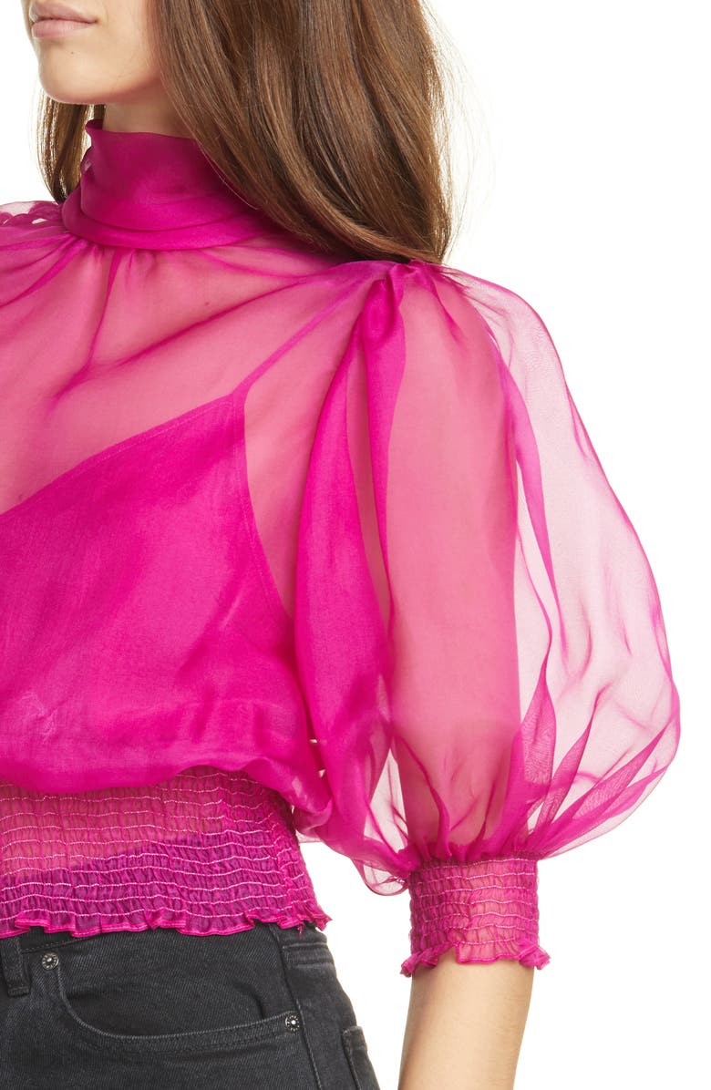 Cinq à Sept Cleo Puff Sleeve Silk Crop Top, Alternate, color,