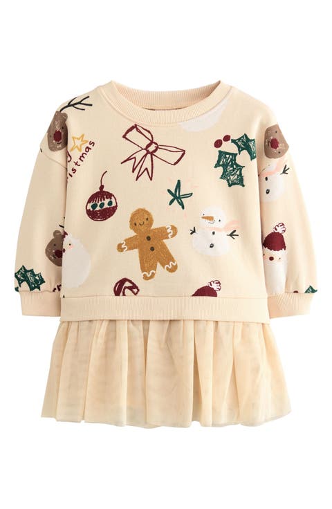 Kids' Christmas Print Mixed Media Long Sleeve Sweatshirt Dress (Little Kid)