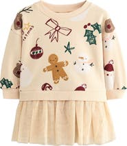 NEXT Kids' Christmas Print Mixed Media Long Sleeve Sweatshirt Dress