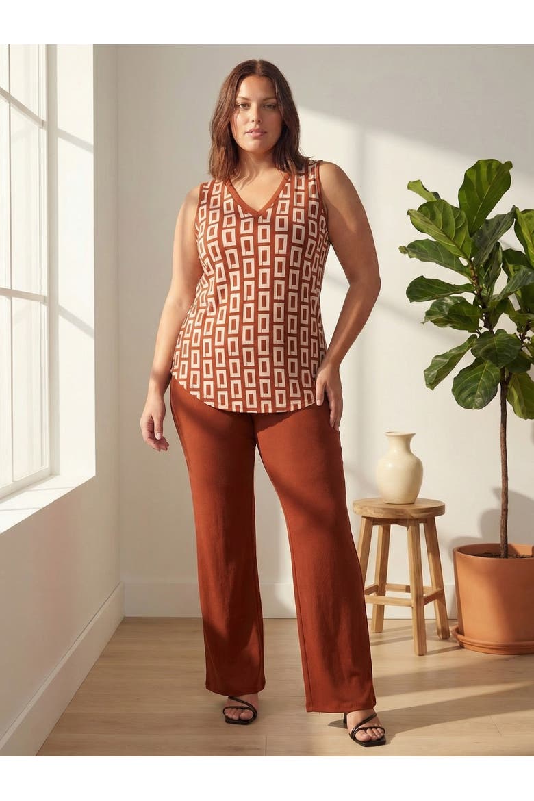 Curvy Essential Abstract Print V-Neck Sleeveless Round Hem Top and Elastic Waist Flared Pant Set, Alternate, color, Orange Multi