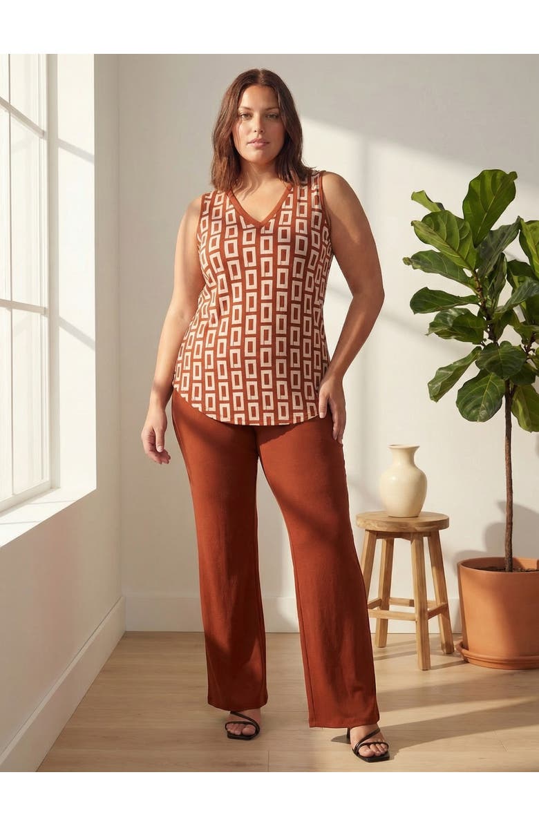 24seven Comfort Apparel Curvy Essential Abstract Print V-Neck Sleeveless Round Hem Top and Elastic Waist Flared Pant Set, Alternate, color, Orange Multi