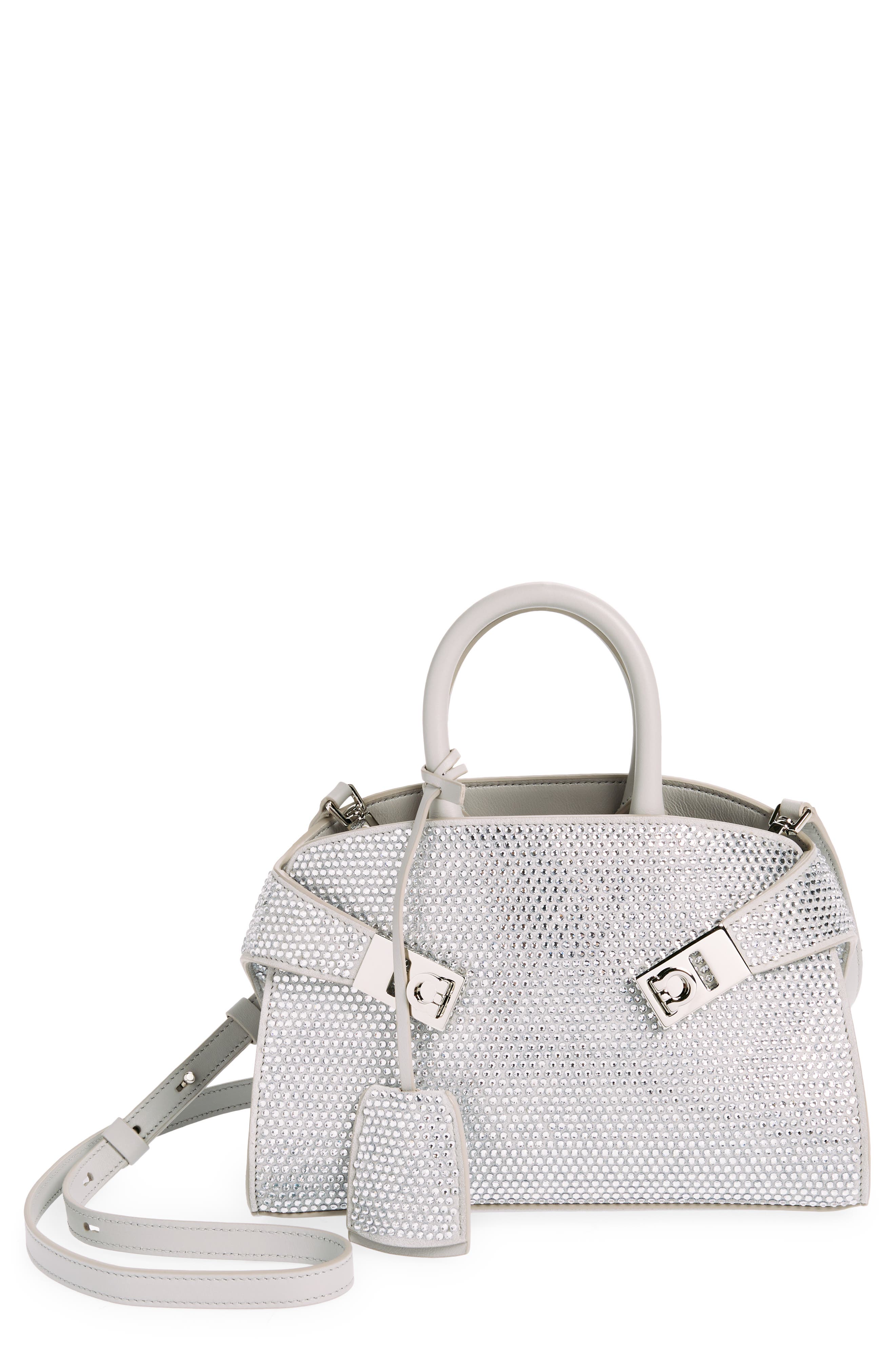 FERRAGAMO Mini Strass Crystal Top Handle Bag, Main, color, Perla