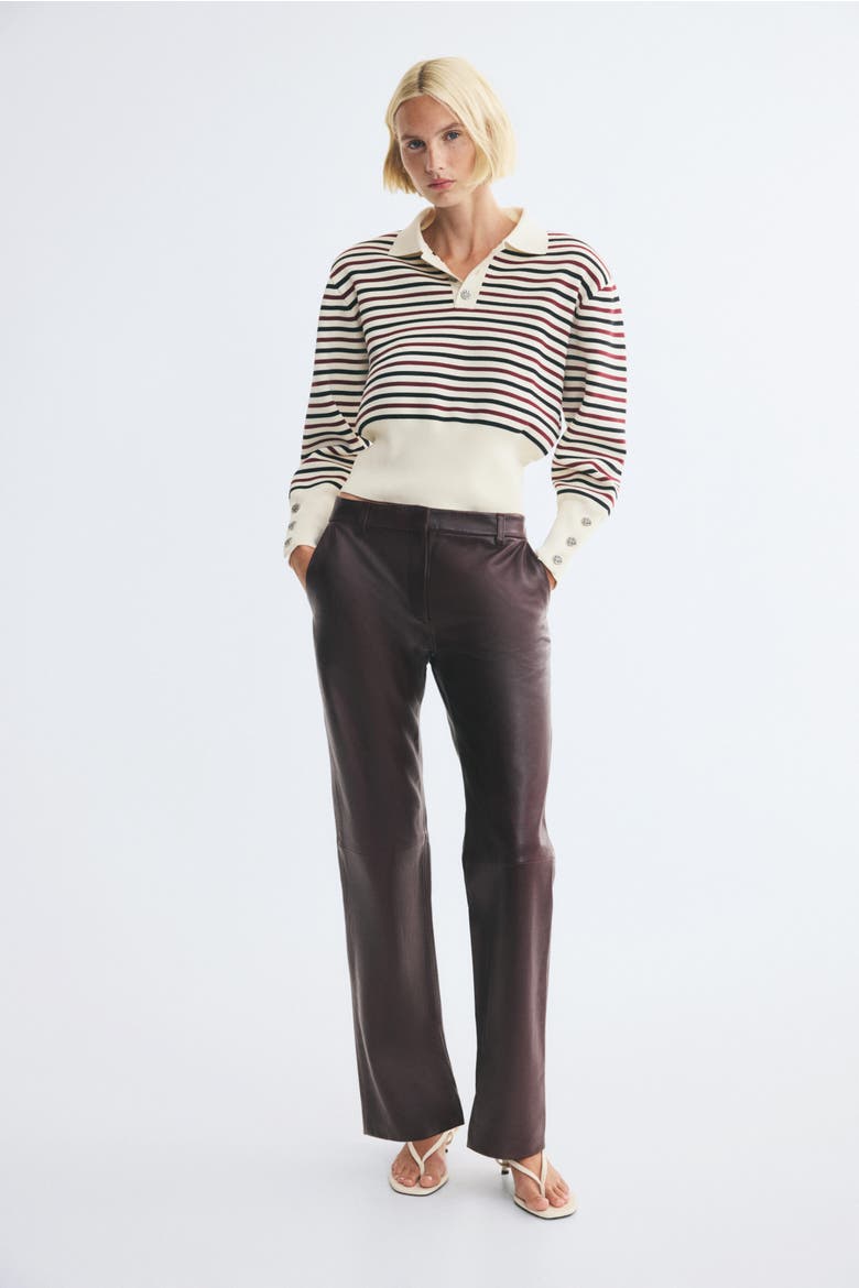 Fine-Knit Polo Shirt With Shoulder Pads, Alternate, color, Cream/striped