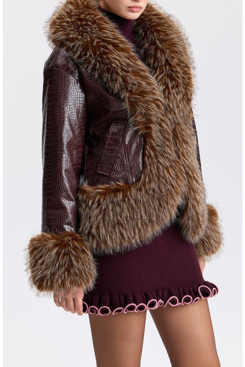 Croc Embossed Faux Leather Coat with Faux Fur Trim, Alternate, color, BORDEAUX