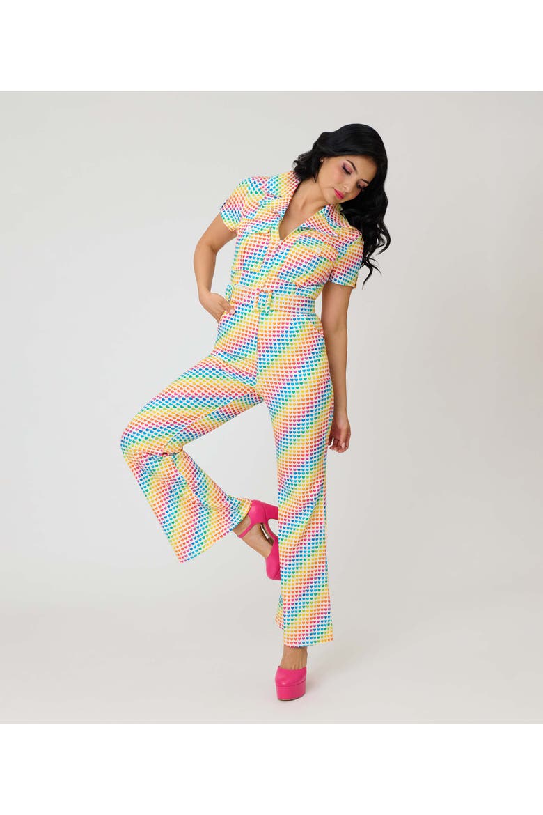 Retro Flare Jumpsuit, Alternate, color, Yellow Rainbow Heart Print