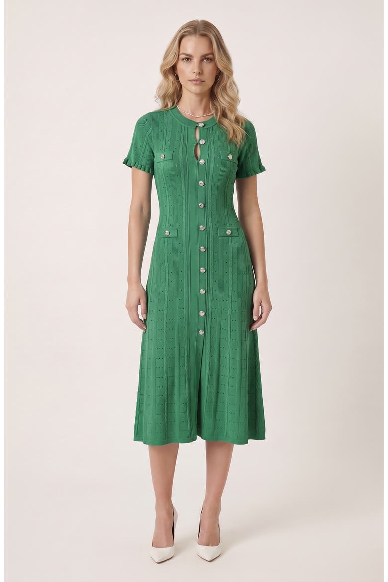 Button Front Knit Short Sleeve Midi Dress, Main, color, Green