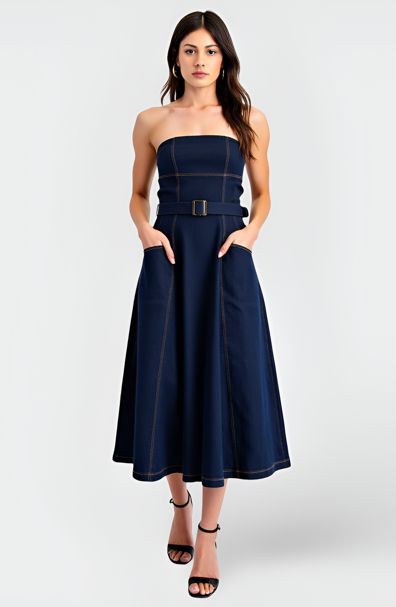 Modenaire Strapless Denim Midi Dress with Belted Waist, Contrast Stitching and Pockets, Main, color,