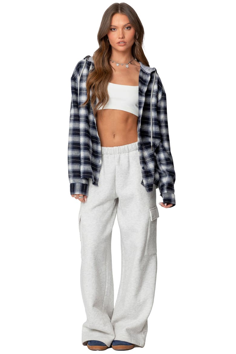 Plaid Cotton Blend Flannel Button-Up Hoodie, Alternate, color, NAVY