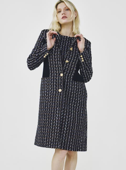 Paneled No-collar Tweed Coat
