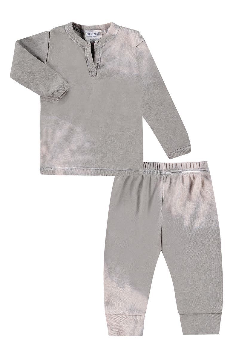 PAIGELAUREN Tie Dye Organic Cotton Blend Rib Henley T-Shirt & Sweatpants Set, Main, color, Gray
