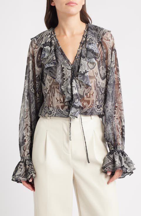 Locke Paisley Ruffle Semisheer Chiffon Top