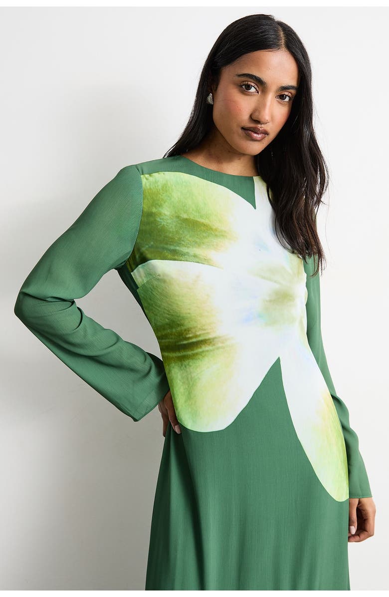 Warehouse Chiffon Placement Print Midaxi Dress, Alternate, color, Dark Green
