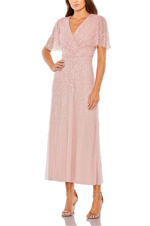 Women's Beaded Wrap Over Butterfly Sleeve Dress