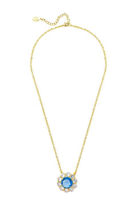 18K Gold Clad Sterling Silver Blue Crystal Flower Necklace