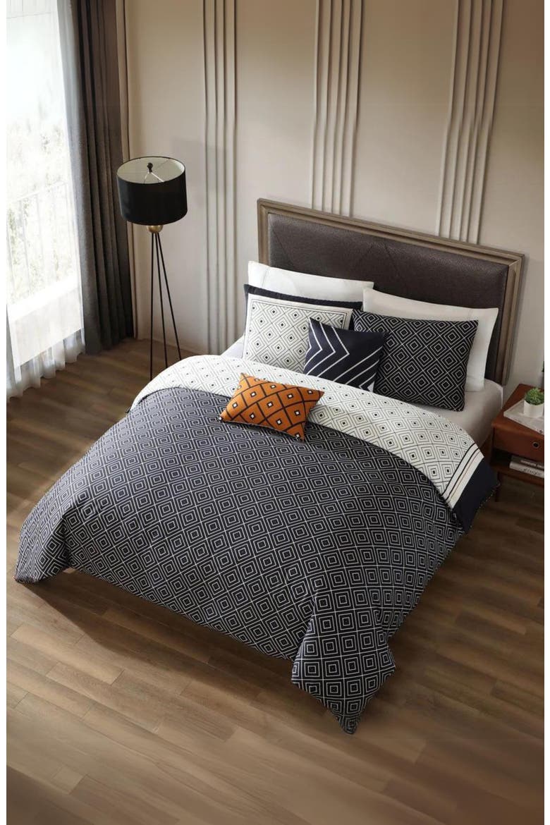 Geometric Cotton 5-Piece Reversible Comforter Set, Alternate, color, BLACK WHITE