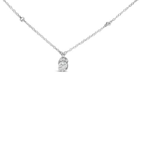 Sterling Silver 5/8 Cttw Lab Grown Diamond Oval Halo Pendant Necklace