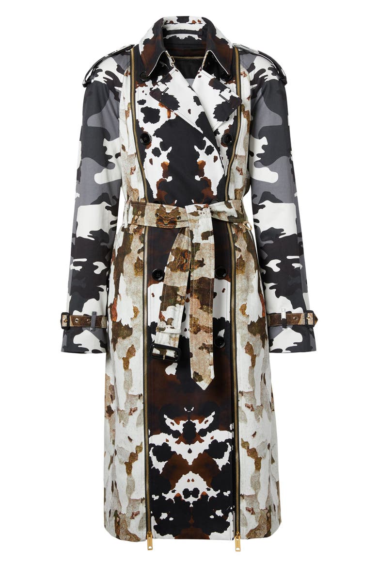 Hurst Waterloo Fit Cow Camo Cotton Gabardine Trench Coat with Detachable Panel, Main, color, DARK MOCHA IP CHECK